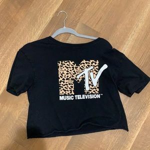selling a cropped black w leopard print MTV shirt